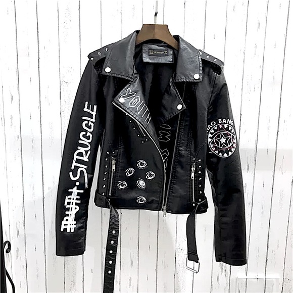 NWOT Black faux leather graffiti studded jacket - Picture 5 of 16